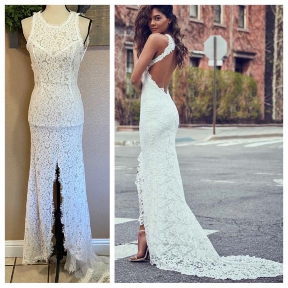 Lulu's White Lace Open Back Wedding Dress